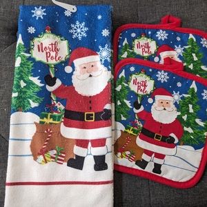 3 Pc Kitchen Towel & Potholder / Oven Mitt Santa * Microfiber Set Christmas